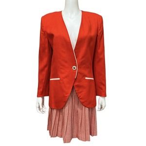 Vintage Red White Skirt Suit Set size 10 Jacket Checkered Pleated Skirt